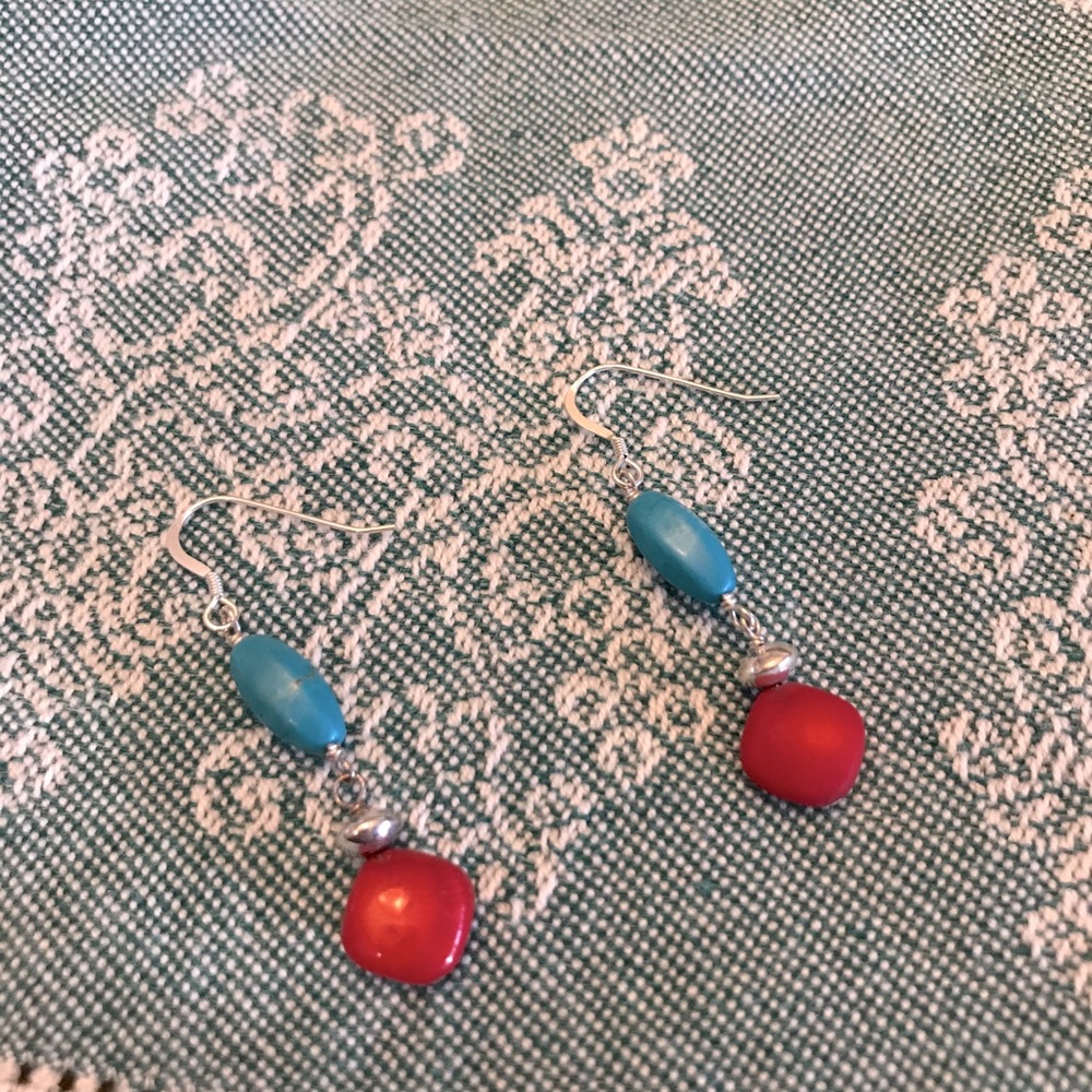 Turquoise red and silver earrings